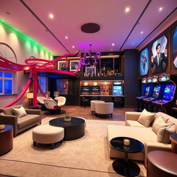 A room designed to resemble a home amusement park, featuring sophisticated amusement park elements tailored for adults