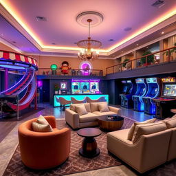 A room designed to resemble a home amusement park, featuring sophisticated amusement park elements tailored for adults