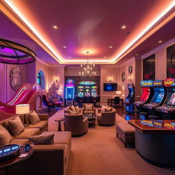 A room designed to resemble a home amusement park, featuring sophisticated amusement park elements tailored for adults