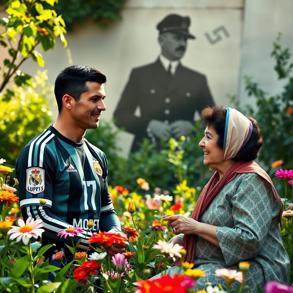 A surreal image depicting a blended scene featuring Cristiano Ronaldo and Lionel Messi's mother in a lush green garden, with a historic background showing a shadowy figure representing a stylized portrayal of Adolf Hitler