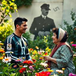 A surreal image depicting a blended scene featuring Cristiano Ronaldo and Lionel Messi's mother in a lush green garden, with a historic background showing a shadowy figure representing a stylized portrayal of Adolf Hitler