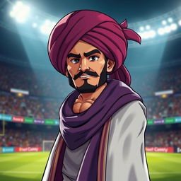 A portrait of a charismatic football player resembling a famous star, wearing a traditional turbans (عمامه) and an elegant cloak (عبا), standing confidently on a football field