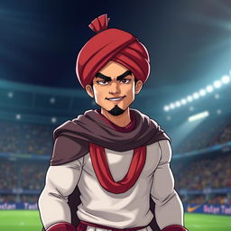 A portrait of a charismatic football player resembling a famous star, wearing a traditional turbans (عمامه) and an elegant cloak (عبا), standing confidently on a football field
