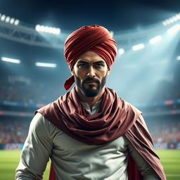 A portrait of a charismatic football player resembling a famous star, wearing a traditional turbans (عمامه) and an elegant cloak (عبا), standing confidently on a football field