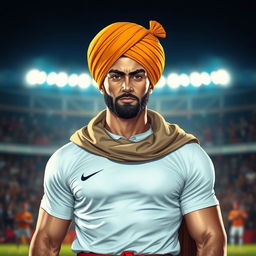 A portrait of a charismatic football player resembling a famous star, wearing a traditional turbans (عمامه) and an elegant cloak (عبا), standing confidently on a football field