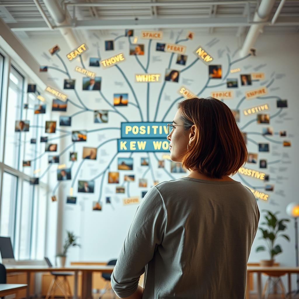 A cinematic shot of a woman standing in front of an elaborate mind map, intricately built from a variety of light signs, photographs, and drawings, with an abundance of positive key words vividly popping out to inspire and motivate