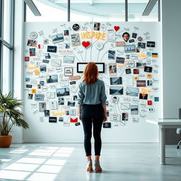 A cinematic shot of a woman standing in front of an elaborate mind map, intricately built from a variety of light signs, photographs, and drawings, with an abundance of positive key words vividly popping out to inspire and motivate