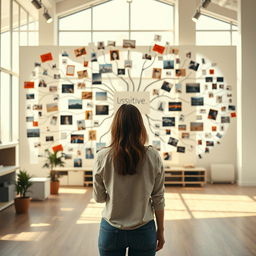 A cinematic shot of a woman standing in front of an elaborate mind map, intricately built from a variety of light signs, photographs, and drawings, with an abundance of positive key words vividly popping out to inspire and motivate