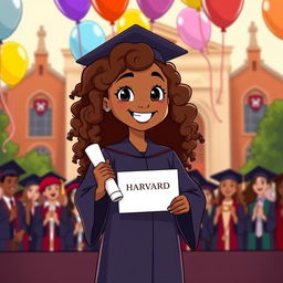 An animated scene depicting a proud girl with brown skin tone and long curly hair, wearing a Harvard Business School graduation uniform