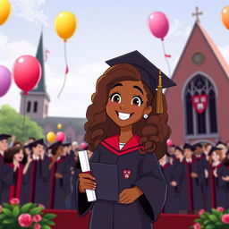 An animated scene depicting a proud girl with brown skin tone and long curly hair, wearing a Harvard Business School graduation uniform