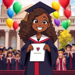 An animated scene depicting a proud girl with brown skin tone and long curly hair, wearing a Harvard Business School graduation uniform