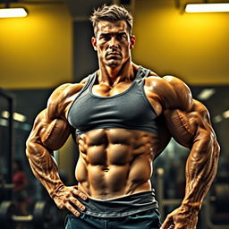 A muscular male figure showcasing a well-defined, bulky physique, posed in a confident stance