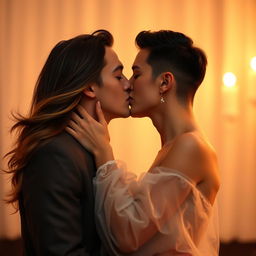 A romantic and intimate scene featuring a couple kissing passionately on the lips, their eyes closed as they share a deep connection