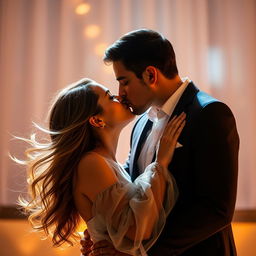 A romantic and intimate scene featuring a couple kissing passionately on the lips, their eyes closed as they share a deep connection