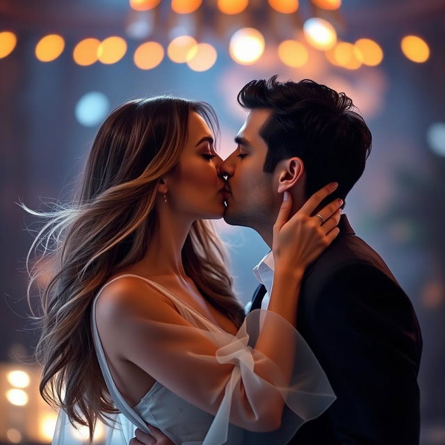 A romantic and intimate scene featuring a couple kissing passionately on the lips, their eyes closed as they share a deep connection