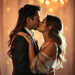 A romantic and intimate scene featuring a couple kissing passionately on the lips, their eyes closed as they share a deep connection
