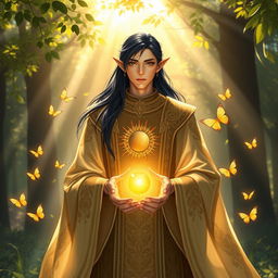 A magical scene featuring a Black-haired male elf priest, dressed in ornate, flowing golden robes adorned with sun motifs
