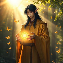 A magical scene featuring a Black-haired male elf priest, dressed in ornate, flowing golden robes adorned with sun motifs