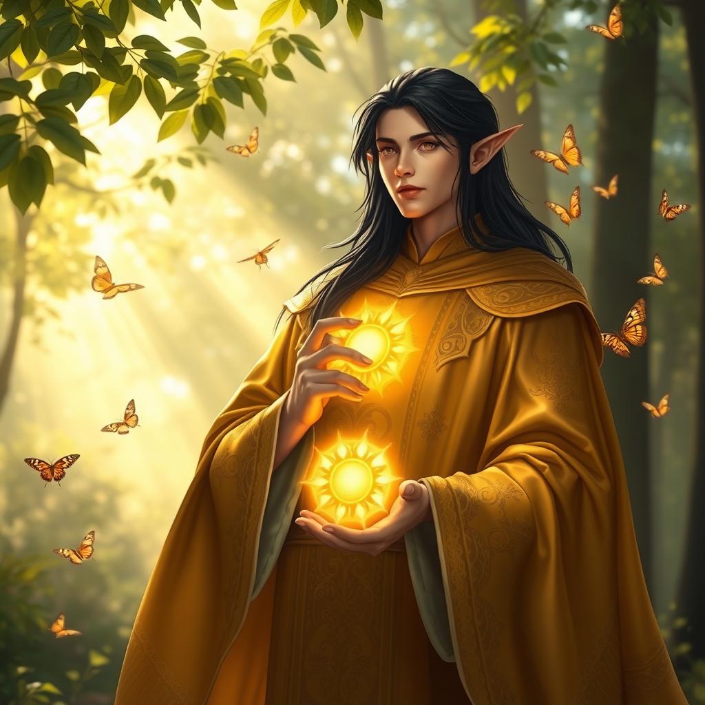 A magical scene featuring a Black-haired male elf priest, dressed in ornate, flowing golden robes adorned with sun motifs