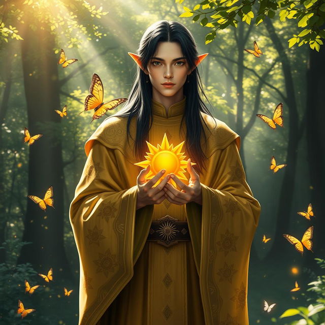 A magical scene featuring a Black-haired male elf priest, dressed in ornate, flowing golden robes adorned with sun motifs