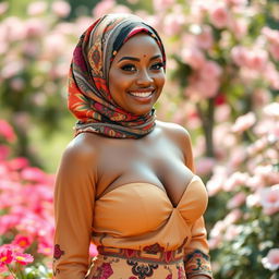 A woman elegantly dressed in a vibrant and colorful hijab, showcasing intricate patterns