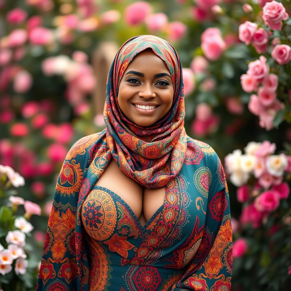 A woman elegantly dressed in a vibrant and colorful hijab, showcasing intricate patterns