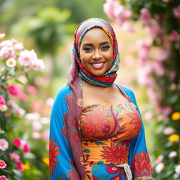 A woman elegantly dressed in a vibrant and colorful hijab, showcasing intricate patterns