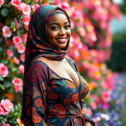 A woman elegantly dressed in a vibrant and colorful hijab, showcasing intricate patterns