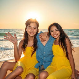 A warm and joyful scene featuring a male figure with light brown hair, wearing a casual blue shirt and smiling broadly, posing playfully with a girl with long, dark hair wearing a bright yellow dress