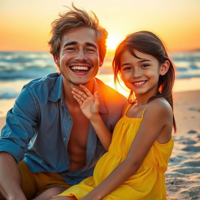 A warm and joyful scene featuring a male figure with light brown hair, wearing a casual blue shirt and smiling broadly, posing playfully with a girl with long, dark hair wearing a bright yellow dress