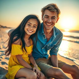 A warm and joyful scene featuring a male figure with light brown hair, wearing a casual blue shirt and smiling broadly, posing playfully with a girl with long, dark hair wearing a bright yellow dress