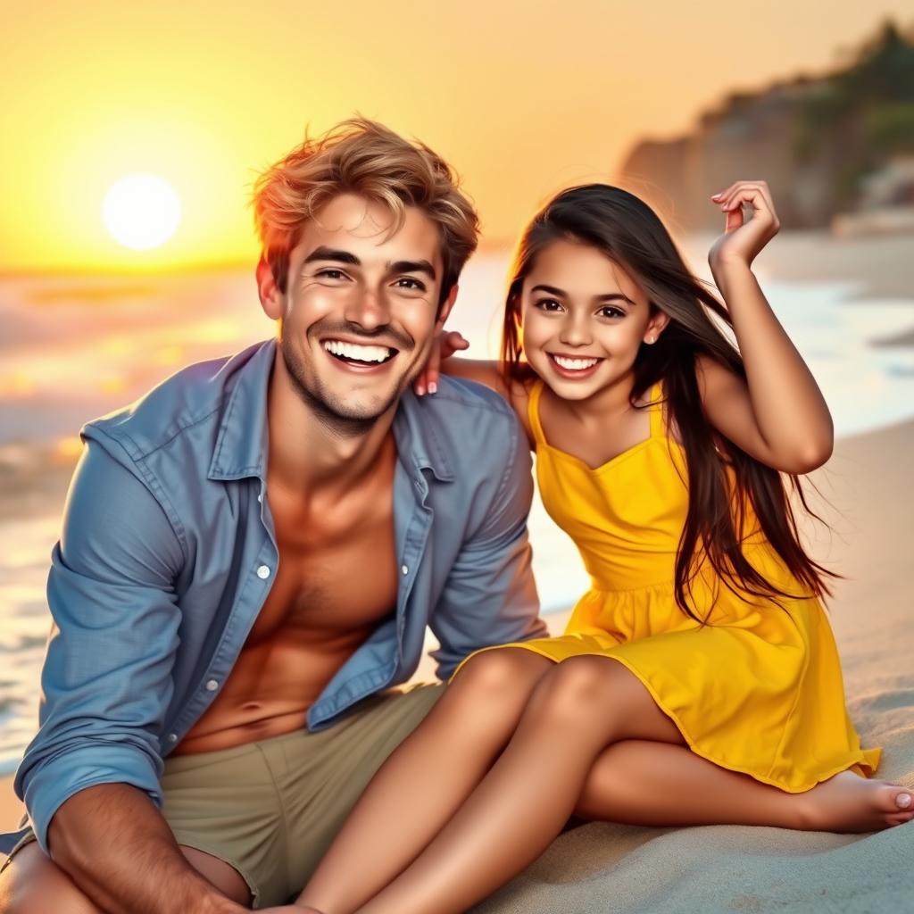 A warm and joyful scene featuring a male figure with light brown hair, wearing a casual blue shirt and smiling broadly, posing playfully with a girl with long, dark hair wearing a bright yellow dress