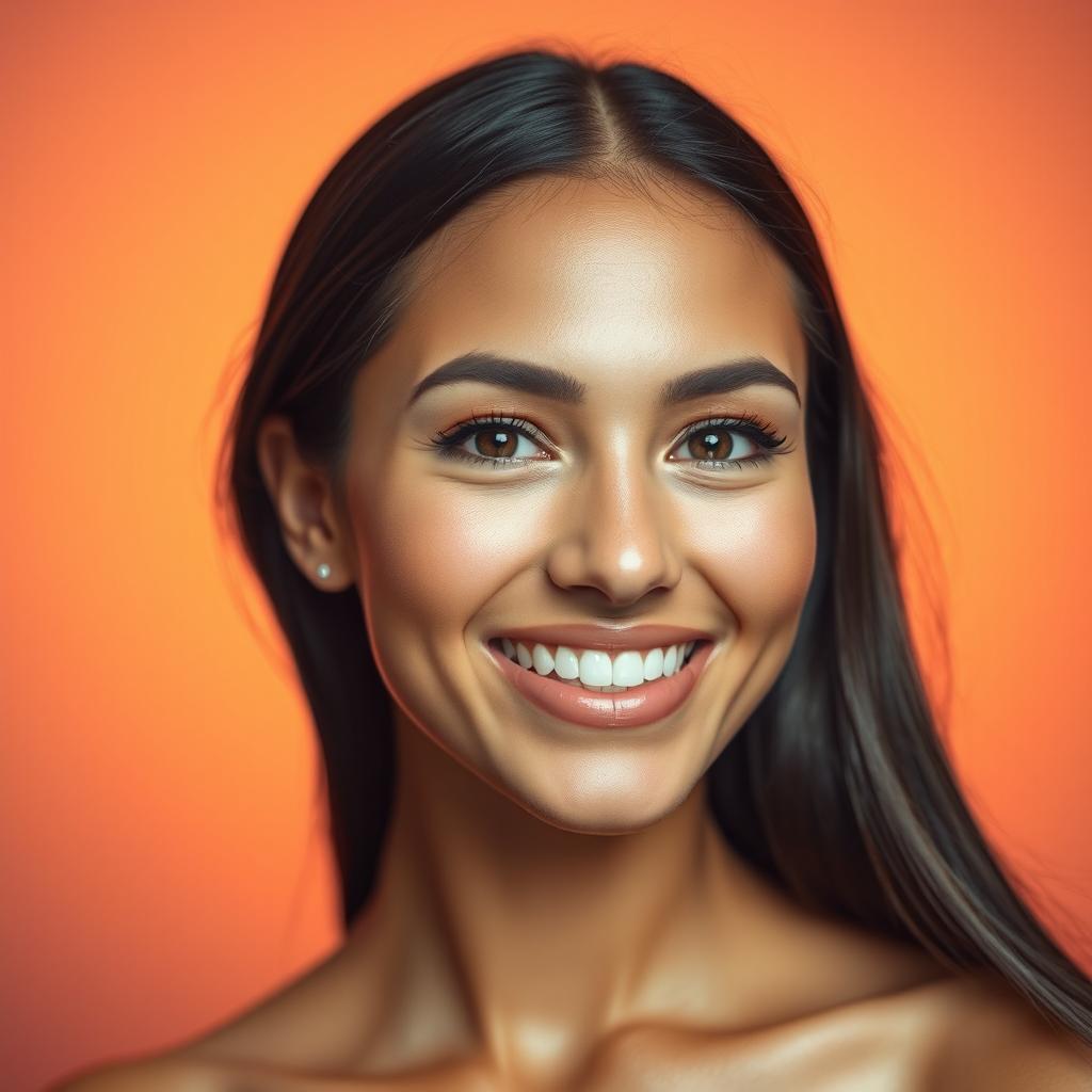 A vibrant and alluring portrait of a confident, beautiful person with clear, glowing skin, radiant smile, and sparkling eyes