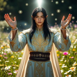 An alluring scene featuring a hot Black-haired male elf priest of light, dressed in a form-fitting, intricately designed robe that shimmers with radiant white and golden accents