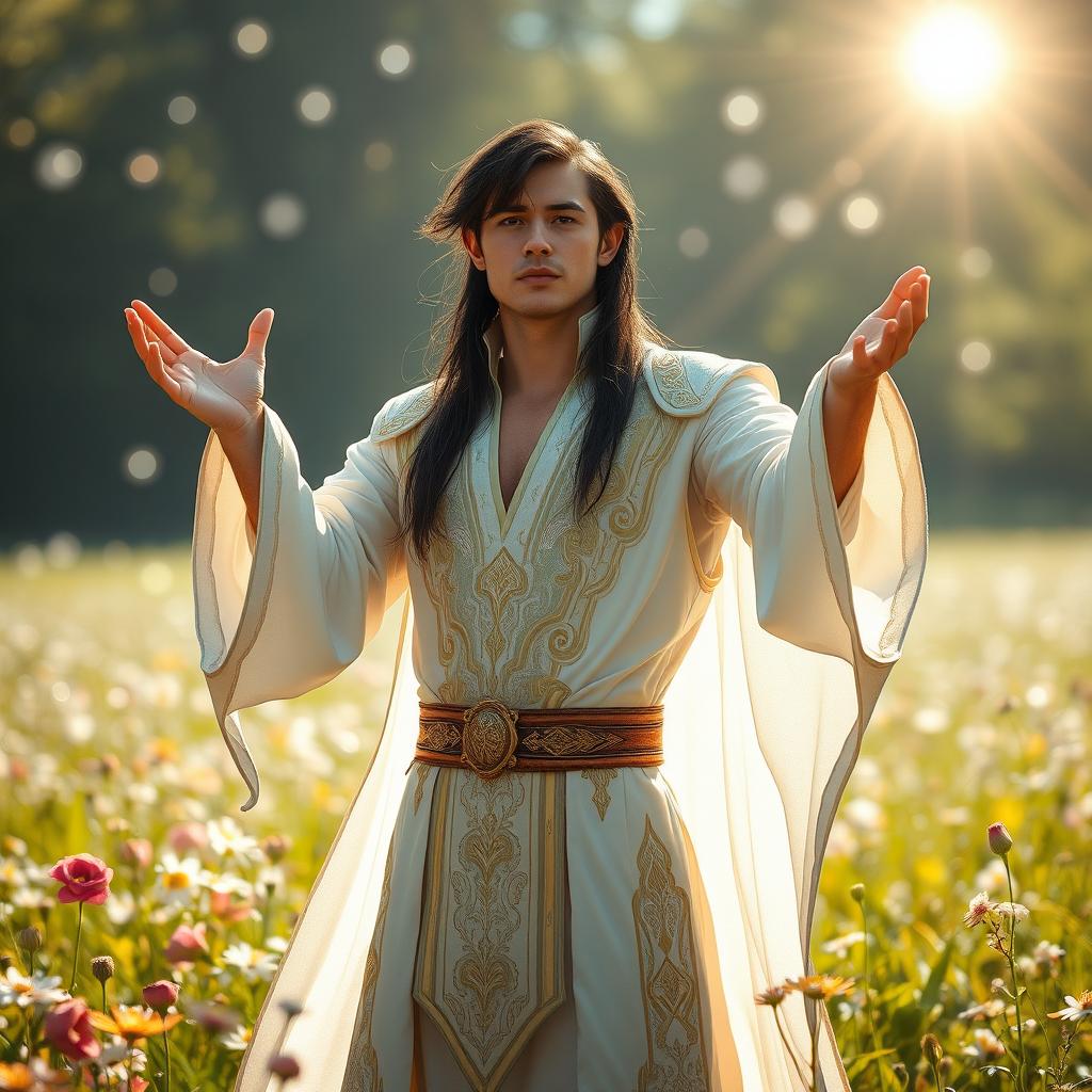 An alluring scene featuring a hot Black-haired male elf priest of light, dressed in a form-fitting, intricately designed robe that shimmers with radiant white and golden accents