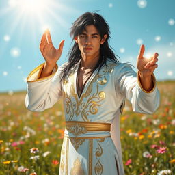 An alluring scene featuring a hot Black-haired male elf priest of light, dressed in a form-fitting, intricately designed robe that shimmers with radiant white and golden accents