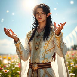 An alluring scene featuring a hot Black-haired male elf priest of light, dressed in a form-fitting, intricately designed robe that shimmers with radiant white and golden accents