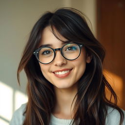 A playful and wise young woman with long, slightly tousled dark brown hair, wearing round glasses