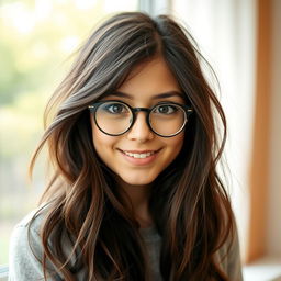 A playful and wise young woman with long, slightly tousled dark brown hair, wearing round glasses