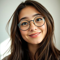 A playful and wise young woman with long, slightly tousled dark brown hair, wearing round glasses