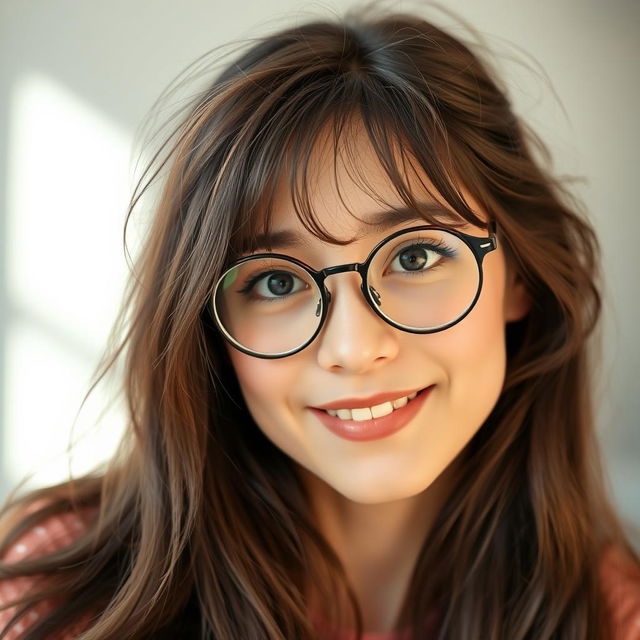 A playful and wise young woman with long, slightly tousled dark brown hair, wearing round glasses