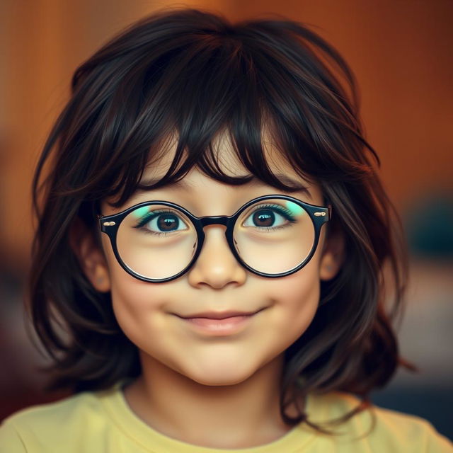 A girl with relatively long, slightly tousled dark brown hair, wearing stylish round glasses