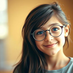A girl with relatively long, slightly tousled dark brown hair, wearing stylish round glasses