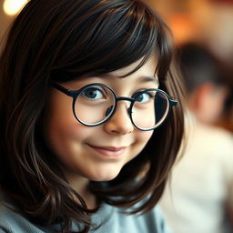 A girl with relatively long, slightly tousled dark brown hair, wearing stylish round glasses