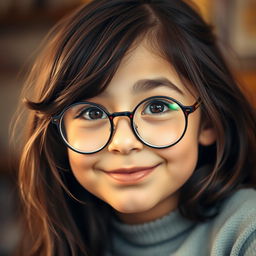 A girl with relatively long, slightly tousled dark brown hair, wearing stylish round glasses