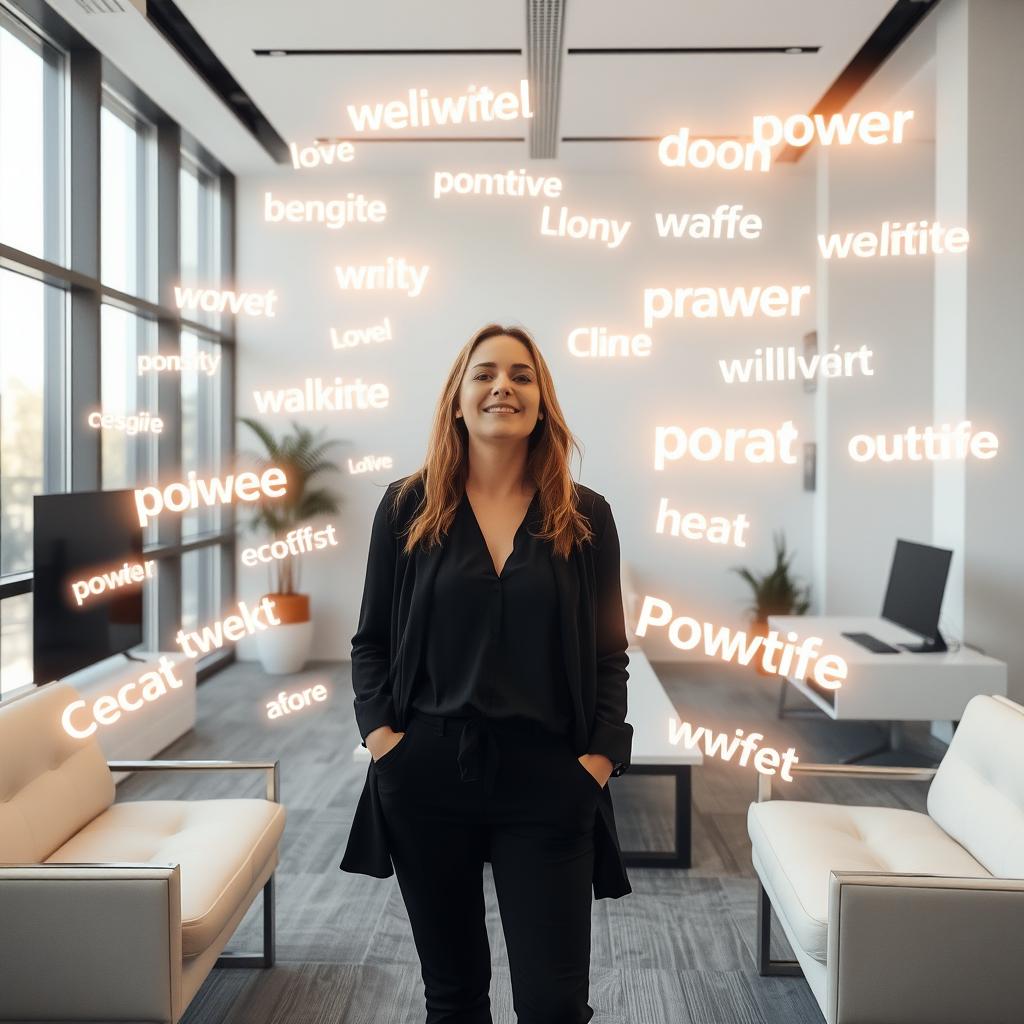 A woman standing in an office room that is filled with an ethereal display of floating positive power words, each word glowing softly and radiating positivity throughout the space