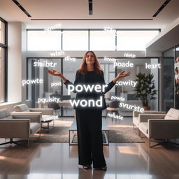 A woman standing in an office room that is filled with an ethereal display of floating positive power words, each word glowing softly and radiating positivity throughout the space