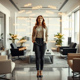 A woman standing in an office room that is filled with an ethereal display of floating positive power words, each word glowing softly and radiating positivity throughout the space