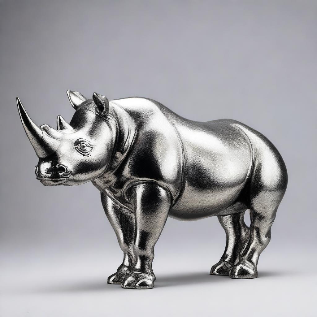 This is a high-quality image of a silver statue of a black rhino