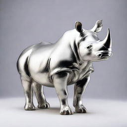 This is a high-quality image of a silver statue of a black rhino